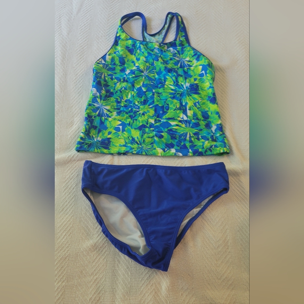 Girls speedo fun floral color block size 14 2-piece green and blue swimsuit